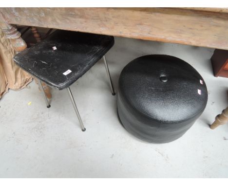 A vintage chrome and black leather footstool and a vintage black leatherette pouffe