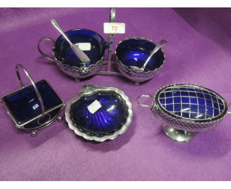 A selection of vintage blue glass and plated bowls 