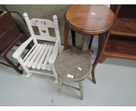 A reproduction plant stand, vintage stool and childs rocking chair