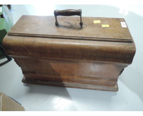 A vintage sewing machine in carry case