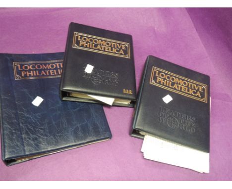 Three ring binders with content relating to steam and locomotive Stamps Philatelica 