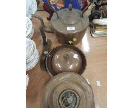 A selection of vintage copper wares including kettle