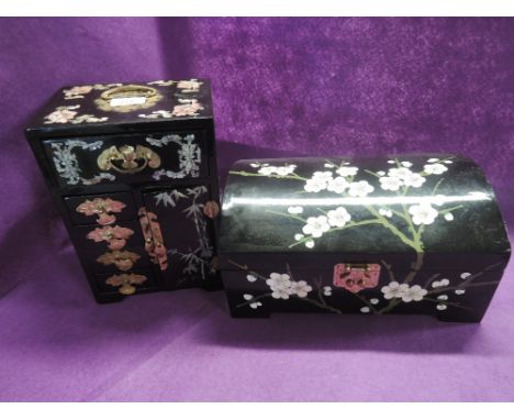Two vintage Chinese style trinket cases with lacquer and floral finish