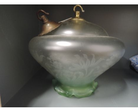 A vintage ceiling light shade green fade glass with etched floral work
