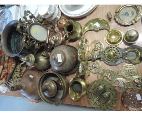 A selection of vintage brass wares including elaborate frame