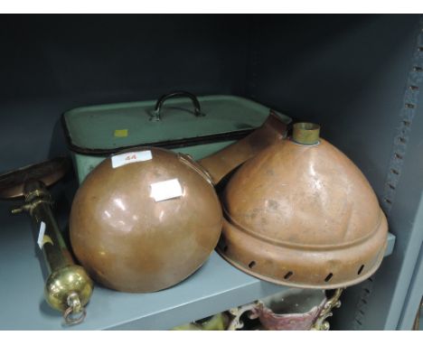A selection of vintage kitchen items including copper posser head and scoop