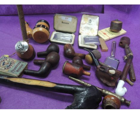 A selection of vintage tobacco pipes and cigarette lighter by Ronson Mosda etc