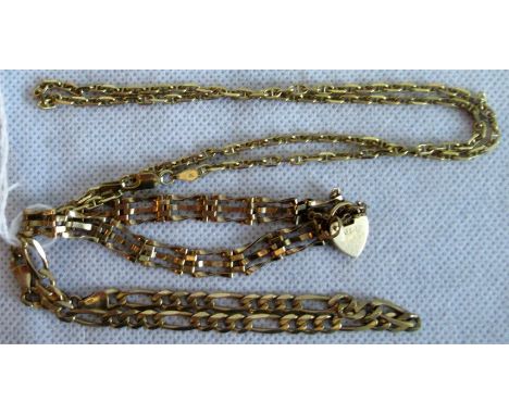 A figure of eight link necklace stamped 750, together with a 9ct gold gate link bracelet with padlock clasp and one other bra