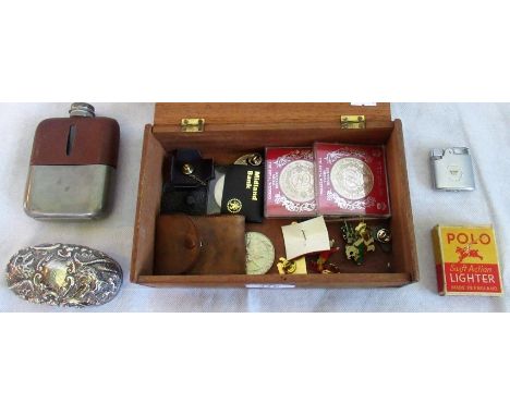 A mixed lot, including: hip flask with pewter cup, silver dressing table box lid, commemorative crowns, cigarette lighter and