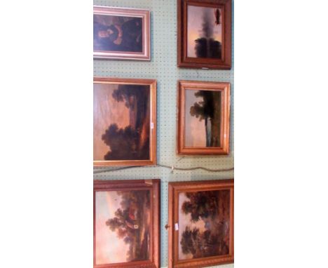 Six amateur oil studies, including extensive landscape with figures and thatched dwelling and a full length portrait of a sea