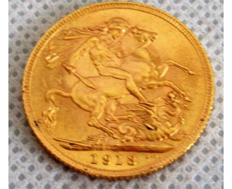 A 1918 gold sovereign. Condition Report: 1913 mint mark BP
