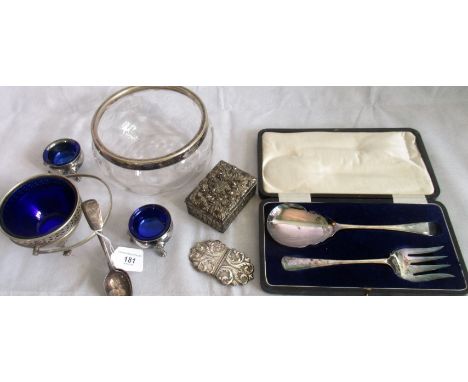 A EPNS mounted moulded glass fruit bowl, a Japanese silver plated antimony trinket box, a cased EPNS fish knife and fork and 