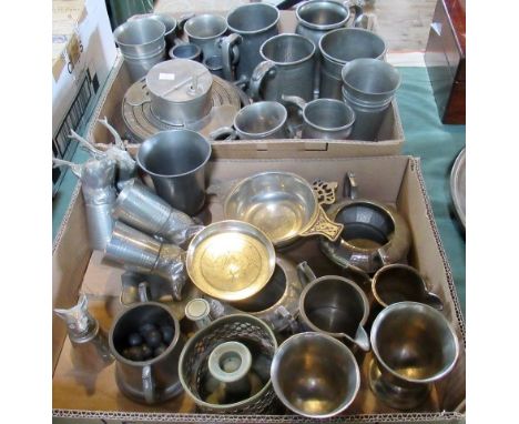 A collection of miscellaneous pewter items, to include: a decorative perpetual calendar, inkwell/desk stand, two handled quai