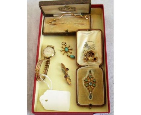 An Edwardian gem set negligee pendant in fitted case, together with a turquoise set stop pin, a turquoise and seed pearl star