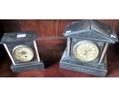 A later Victorian black Belgian marble mantle clock, together with one other black Belgian marble mantle clock of architectur