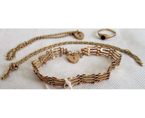 A 9ct gold gate link bracelet, together with two further bracelets and a ring. Condition Report: 9ct = 11.4 grams.
