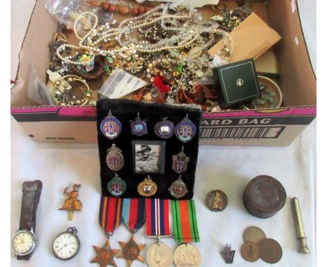 A large mixed lot of costume and paste set jewellery, Second War medals, silver cased fob watch, Edwardian leather stud box o