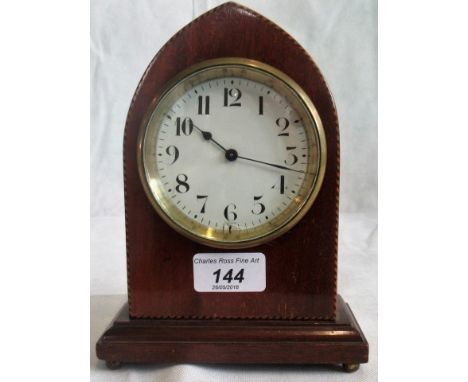 An Edwardian parquet string inlaid eight day mantle clock of Gothic lancet arch form, 