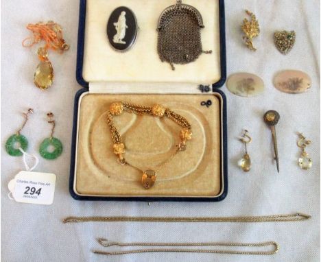 A fancy link Victorian watch chain with later 9ct padlock clasp, together with a pair of carved jade pendant earrings, two ye