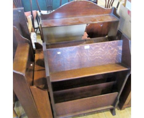An early 20th century oak book trough/newspaper stand, together with a set of mahogany four tier open shelves and two smaller