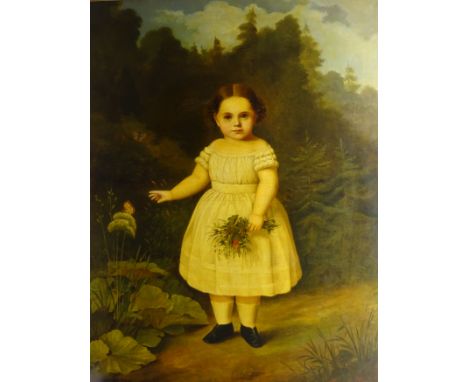 Hermann Holz (German 1821-1883): Full length Portrait of a Young Girl with Flowers and Butterflies, oil on canvas signed and 