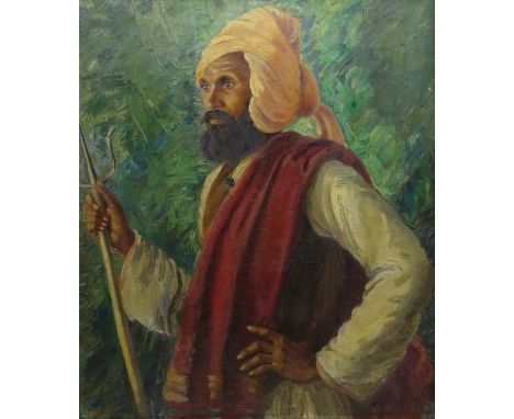 K Fleming (British early 20th century): Portrait of a North East Indian Gentleman holding a Trident, oil on canvas signed and