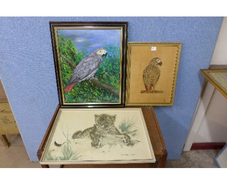 A study of a parrot, oil on panel, a Ralph Thompson print and one other