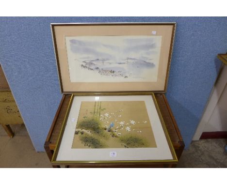 A Betty Guy print, signed in pencil and a Chinese silk picture