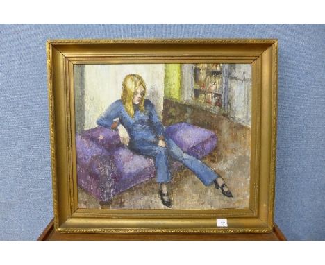 An oil on board, English School, girl on sofa, signed with initials bp