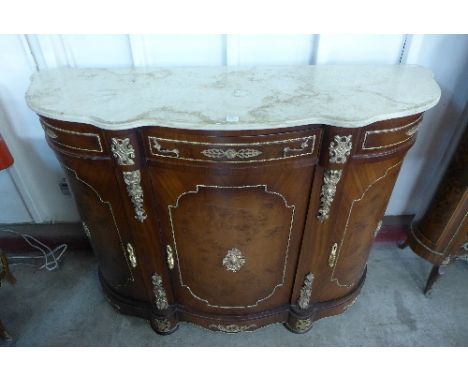A reproduction French Louis XV style walnut effect marble topped commode