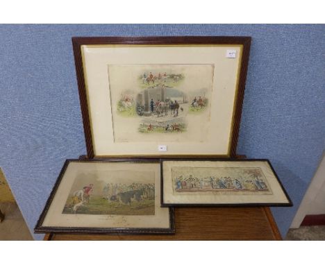 A 19th Century hunting lithograph, signed in pencil and two engravings, Bull Baiting and Monstrosities of 1783 and 1823 (3)