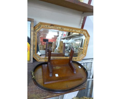 An Edwardian kidney shaped tray with inlaid shell decoration to the centre, brass handles, a mahogany wall shelf and modern m