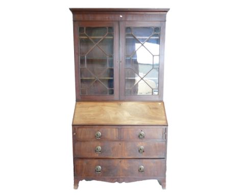 Georgian Mahogany inlaid Bureau Bookcase: Bookcase with inlaid fitted interior on splayed bracket feet, 217cm high x 112 wide