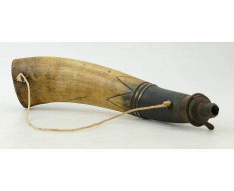 Early 19th century Horn &amp; Brass Powder Flask: Wide end of horn powder flask decorated with primitive engraved thistle dec