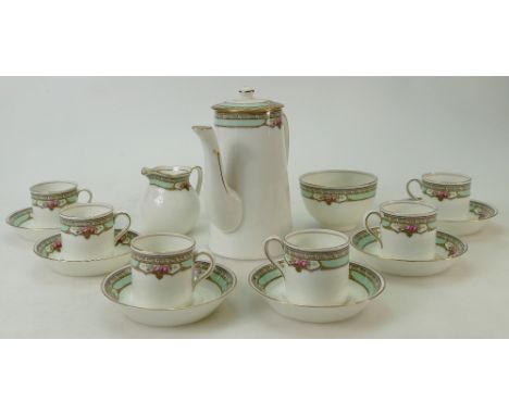 Cauldon Coffee set with hand decorated floral design c1900:  Six Cauldon coffee cups and saucers, coffee pot, sugar and cream