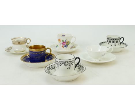 Six Cauldon cups (mostly coffee cans) and saucers: Cauldon china pieces, one cup damaged. C1900.