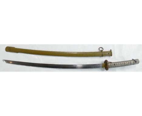 WWII era Japanese Katana/Samurai Sword: Sword with decorative Tsuba with embossed cherry blossom. Aluminium handle. Stamped s