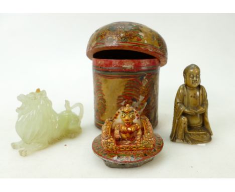 Oriental items: Items including carved soapstone small model of a Buddha (chip to base), Jade Lion (damaged ear) and wood pai