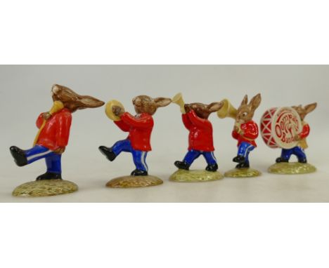 Royal Doulton Bunnykins Figures from the Oompah Band: Figures in a Red Colourway comprising Sousaphone DB23, Trumpet DB24, Cy