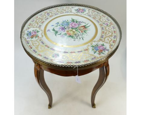 French King Wood Galleried Porcelain Topped Lamp Table: Lamp table with Ormolu fitting in the Serves style, diameter 45.5cm a