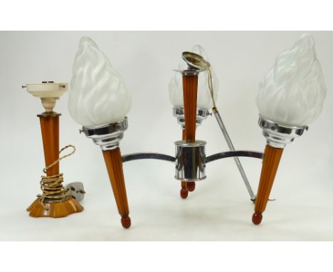 Art Deco chrome, Bakelite and glass lamps: Comprising three branch chandelier and matching table lamp with three frosted glas