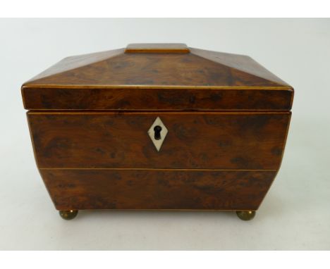 Yew wood Regency Tea Caddy: Regency example with 2 lids which are slightly cracked and warped, minor repairs to veneer at bac