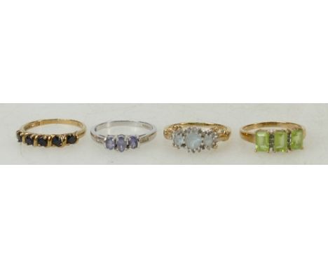 4 x 9ct gold gem set rings: Sapphire 5 stone size P, peridot 3 stone P, diamond &amp; purple stone P &amp; diamond &amp; ligh