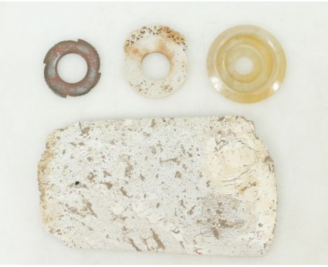 A collection of early Chinese items: Chinese early axe head, set of three agate rings, bi disc etc., Provenance Collection of