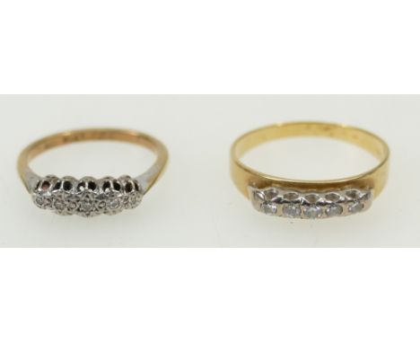 18ct &amp; 9ct diamond rings: 18ct 5 stone ring 3.2g size R1/2, together with 9ct 5 stone ring 2.1g. size L. Both rings set w