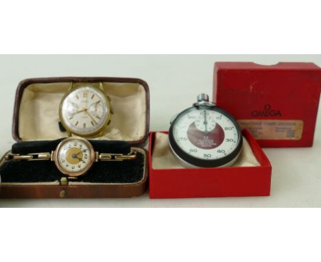 A collection of three timepieces: An Omega Prestons Timer Division stop watch (working), gents Emperor chronometer wristwatch