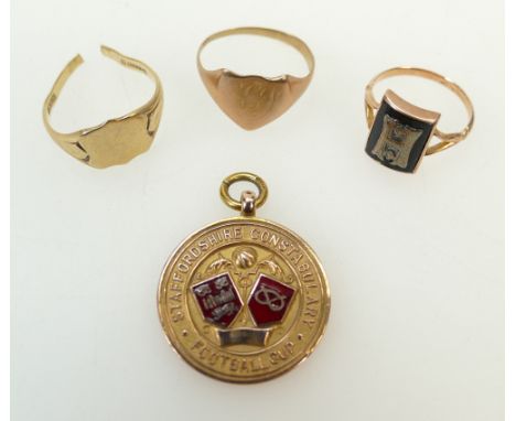 Small collection of gold items: A 9ct gold football cup medal Staffordshire Constabulary winners 1923 - 24, together with 3 x