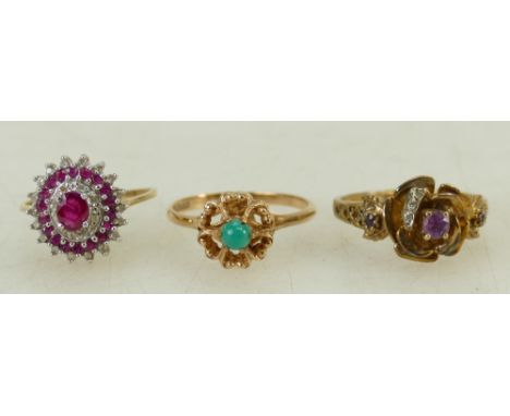 3 x 9ct gold gem set rings: A Diamond &amp; red gemstone ring size P, Amethyst ring size P &amp; Turquoise ring size Q.  Gros