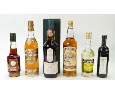 A collection of vintage whisky &amp; spirits: Items including Lagavulin single malt, Glengoyne single malt, John Power &amp; 