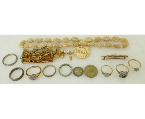 Collection of gold &amp; other jewellery: Three gold rings, brooch and costume jewellery. Rings include 18ct gold &amp; plati